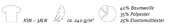 ￼,XSN – 3XLN,￼,ca. 240 g/m2,￼,40% Baumwolle 35% Polyester 25% Elastomultiester