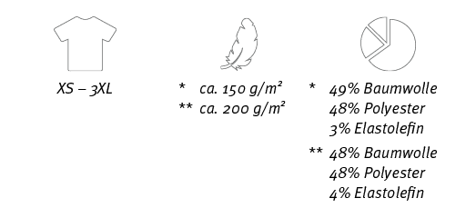 ￼,￼,￼,XS – 3XL,* ca. 150 g/m2 ** ca. 200 g/m2,* 49% Baumwolle 48% Polyester 3% Elastolefin ** 48% Baumwolle 48% Polye...