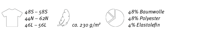 ￼,48S – 58S 44N – 62N 46L – 56L,￼,ca. 230 g/m2,￼, 48% Baumwolle 48% Polyester 4% Elastolefin