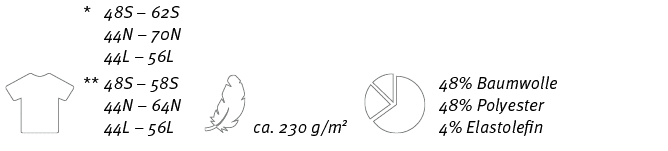 ￼,* 48S – 62S 44N – 70N 44L – 56L ** 48S – 58S 44N – 64N 44L – 56L,￼,ca. 230 g/m2,￼, 48% Baumwolle 48% Polyester 4% E...