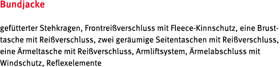Bundjacke gef tterter Stehkragen, Frontrei verschluss mit Fleece Kinnschutz, eine Brusttasche mit Rei verschluss, zwe...