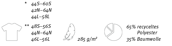 ￼,* 44S–60S 42N–64N 44L–58L ** 48S–56S 44N–64N 46L–56L,￼,285 g/m2,￼,65% recyceltes Polyester 35% Baumwolle