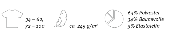 ￼,34 – 62, 72 – 100,￼,ca. 245 g/m2,￼, 63% Polyester 34% Baumwolle 3% Elastolefin