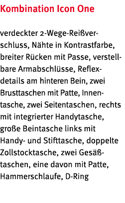 Kombination Icon One verdeckter 2-Wege-Rei verschluss, N hte in Kontrastfarbe, breiter R cken mit Passe, verstellbare   