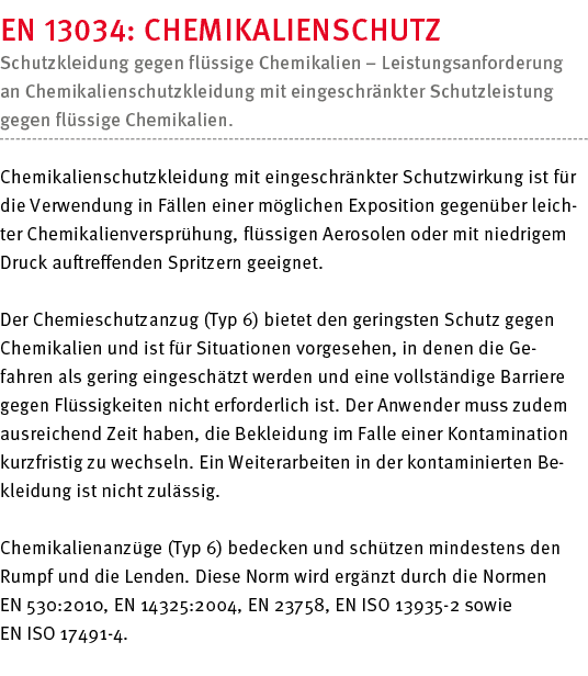 EN 13034: Chemikalienschutz Schutzkleidung gegen flüssige Chemikalien   Leistungsanforderung an Chemikalienschutzklei   
