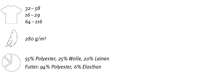 ￼,32 – 58 16 – 29 64 – 116,,￼,280 g/m²,￼,55% Polyester, 25% Wolle, 20% Leinen Futter: 94% Polyester, 6% Elasthan