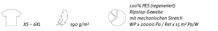 ,XS   6XL, ,190 g m , ,100% PES (regeneriert) Ripstop-Gewebe mit mechanischen Stretch WP   20000 Pa   Ret   15 m  Pa W