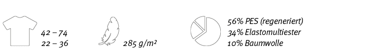  ,42   74 22   36, ,285 g m , ,56% PES (regeneriert) 34% Elastomultiester 10% Baumwolle